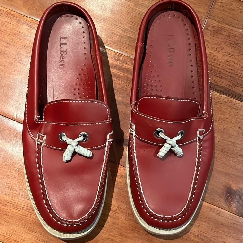 L.L Bean red leather  slip on deck shoe size. 7m
